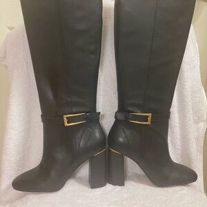Vince Camuto Black Heeled Boots with Gold Buckle